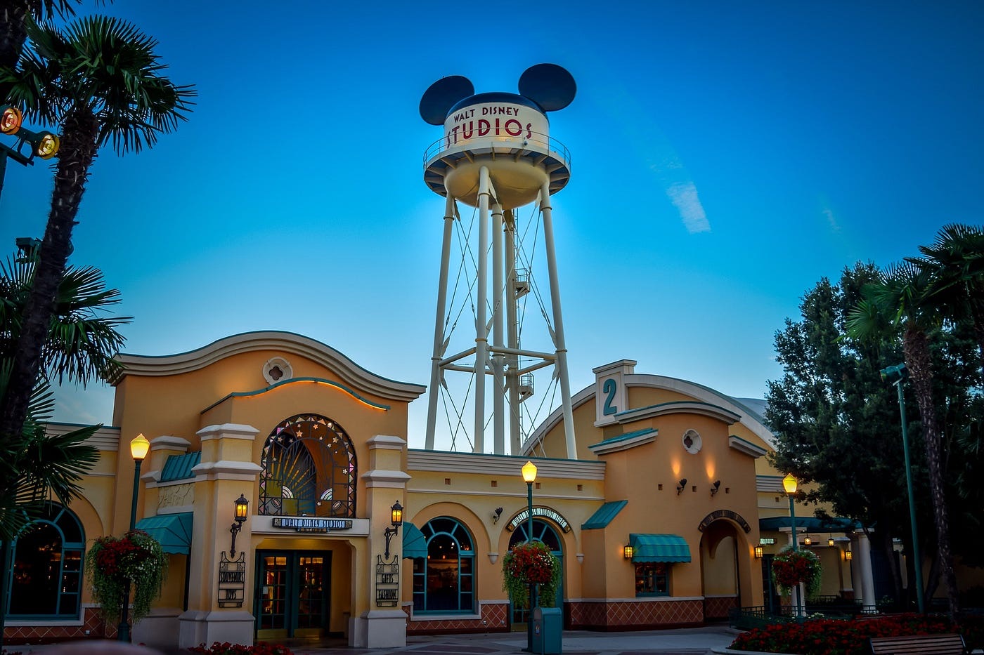 Entrance of a Walt Disney Studios park with the Mickey Mouse ears water tower