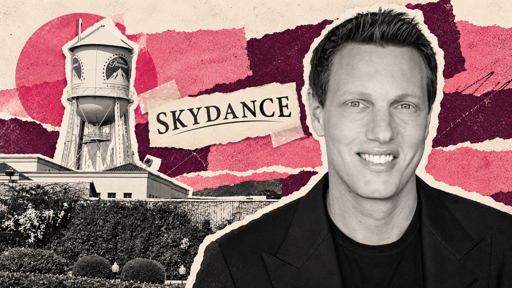 Collage using David Ellison’s EMI headshot and a 2011 photograph of the Paramount studio water tower, with Skydance lettering