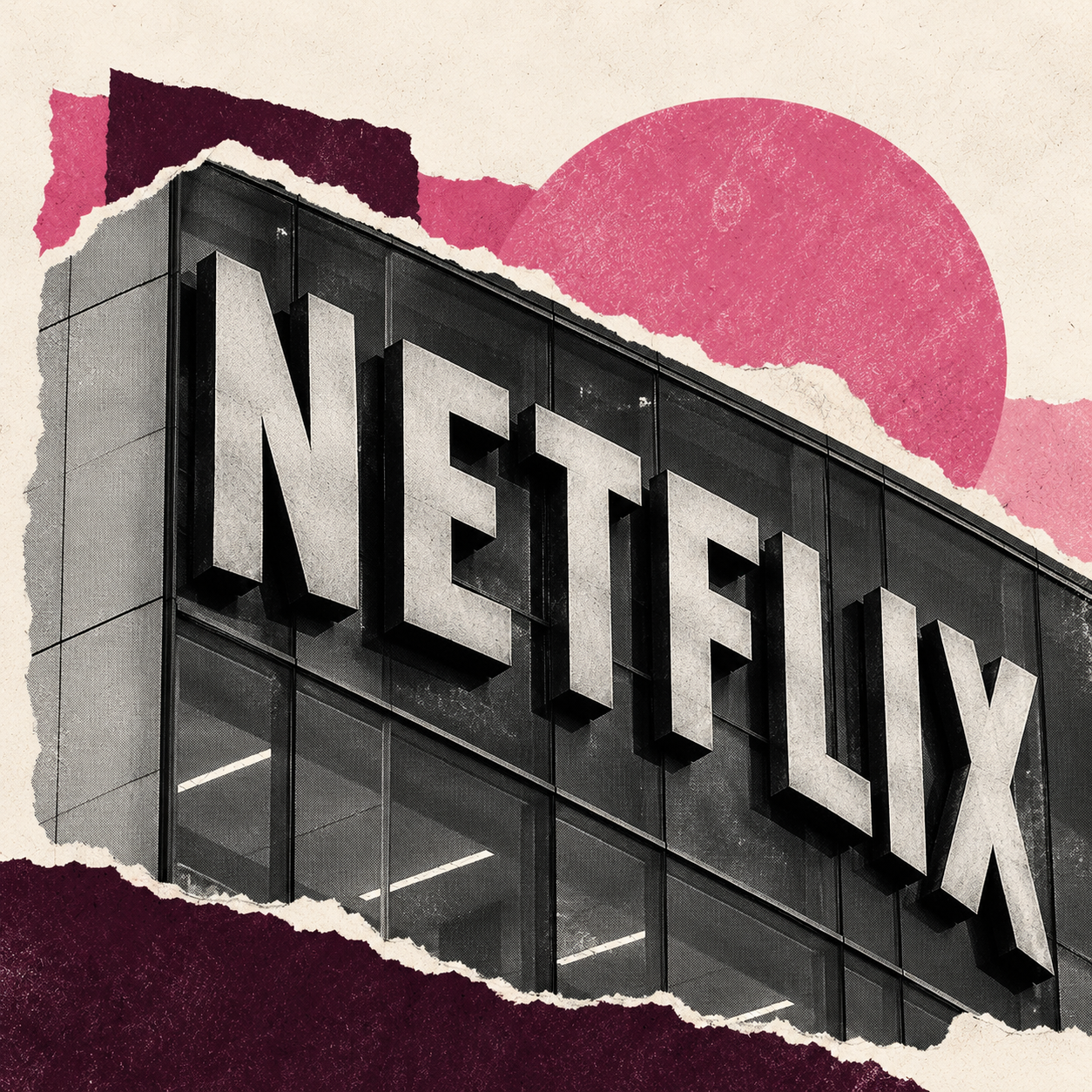 Original Media CFO editorial collage illustrating: Netflix reportedly prepares a 5% workforce reduction