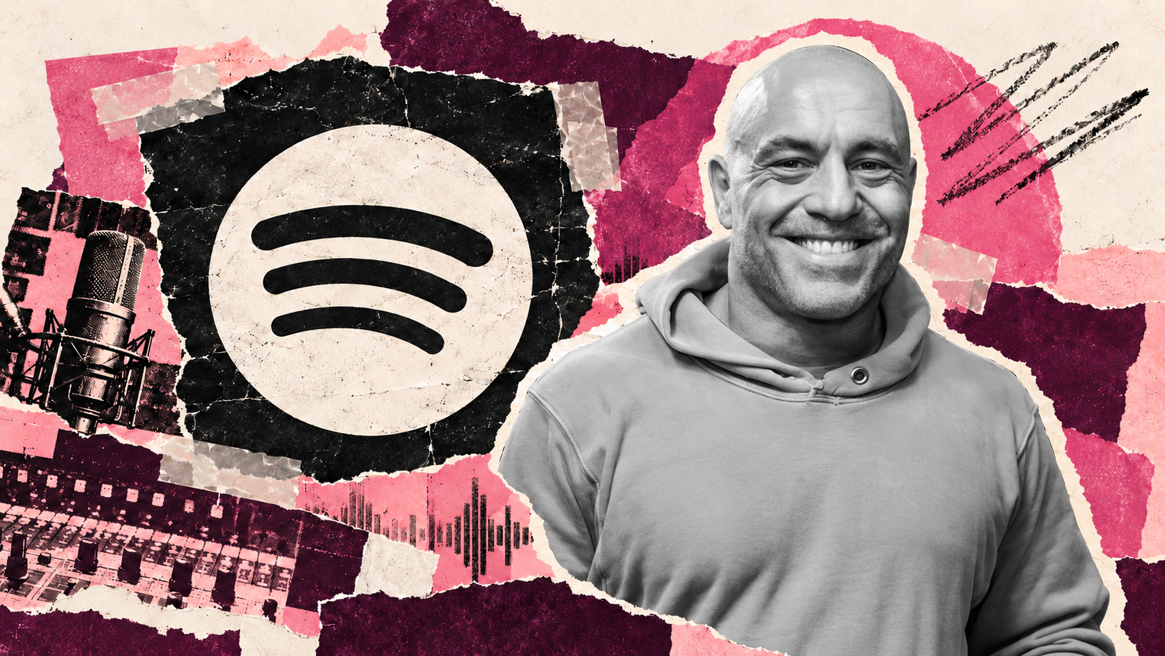 Editorial collage based on Spotify’s official photograph of Joe Rogan smiling in a hoodie, with separate Spotify and studio graphics