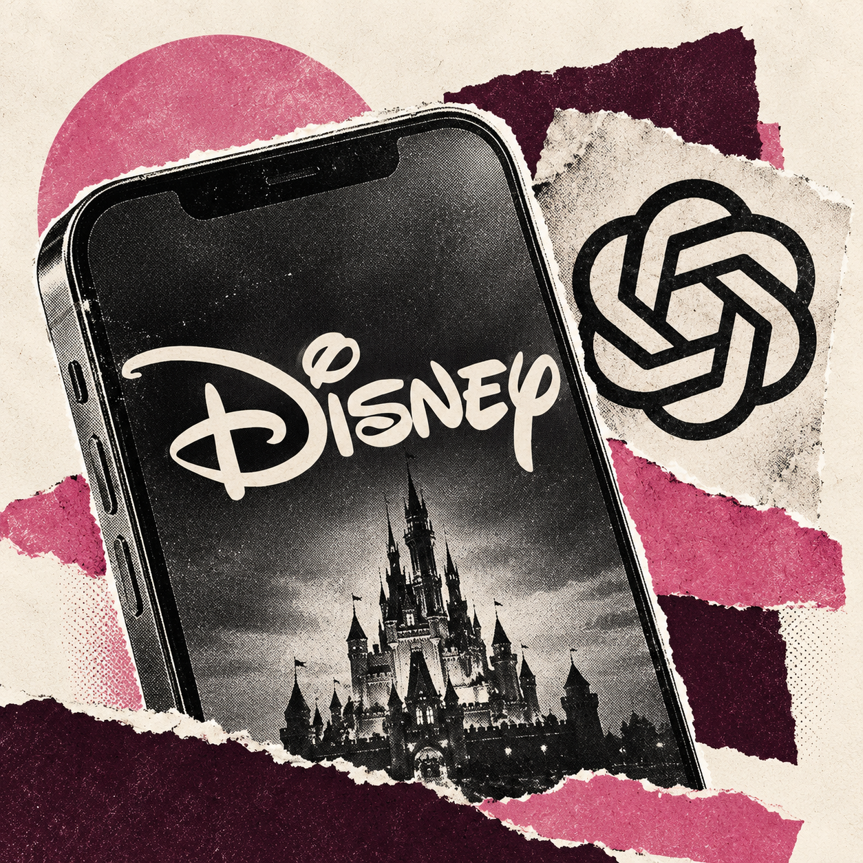 Original Media CFO editorial collage illustrating: Disney’s $20 million AI licence comes with a separate talent bill