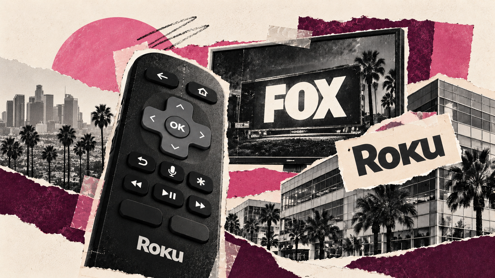 Original Media CFO editorial collage illustrating: Fox–Roku clears its shareholder votes. The closing work remains.